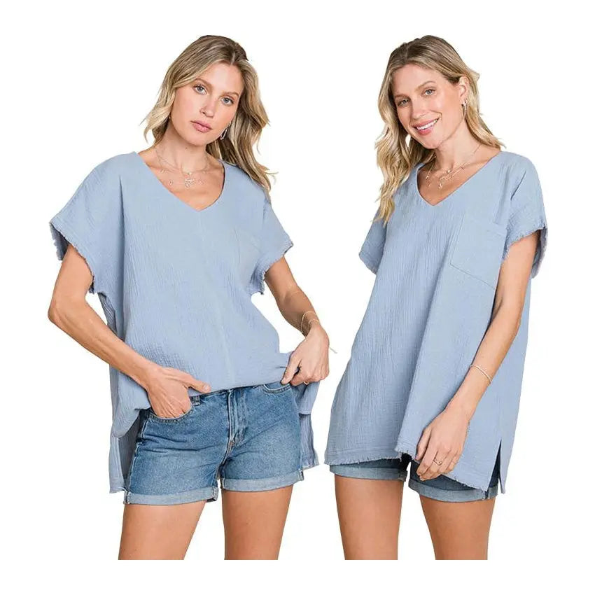 Cotton Bleu Top Gauzy Frayed Denim Cotton Bleu