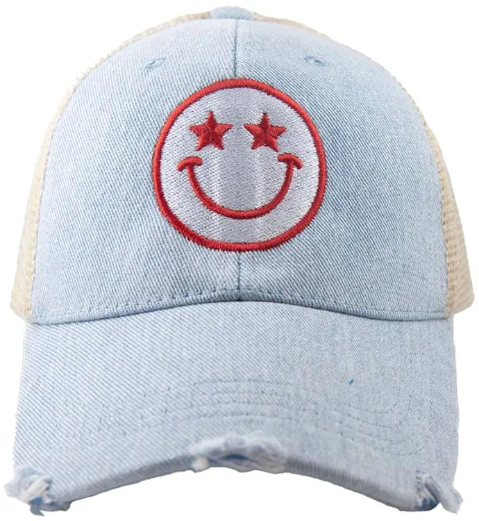 Denim Happy Face Trucker Hat PinkPro Beauty Supply