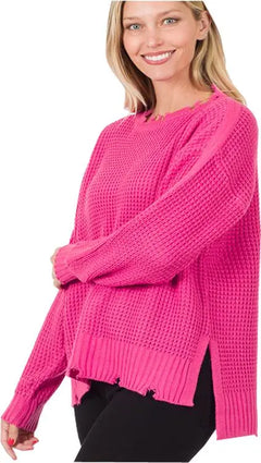 Distressed Waffle Knit Sweater PinkPro Beauty Supply