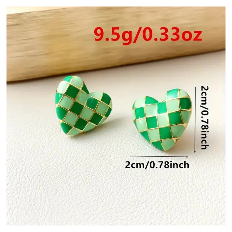 Earrings Checkered Heart Stud - Green PinkPro Beauty Supply