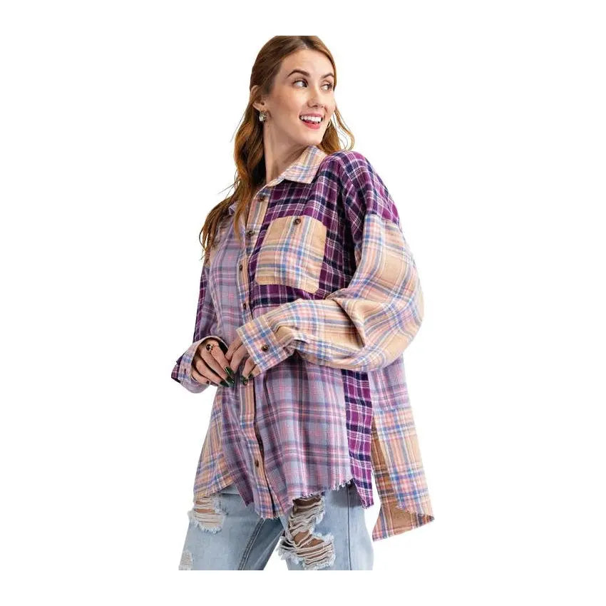 Easel Plaid Button Down Lilac Purple Easel