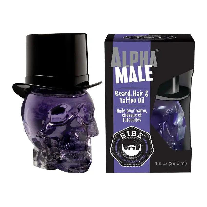 Gibs Alpha Male Beard, Hair & Tattoo Oil in Glass Skull - PinkPro Beauty Supply