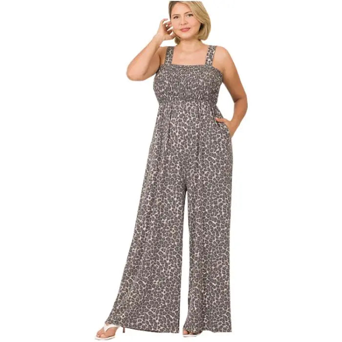 Grey Leopard Print Smocked Jumpsuit PinkPro Beauty Supply