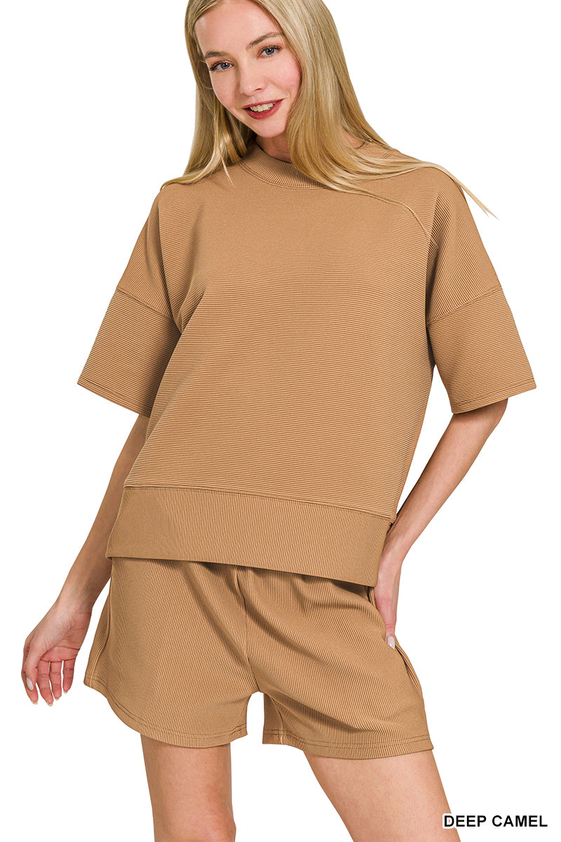 Zenana Ribbed Short Sleeve Top & Shorts Set - Deep Camel - PinkPro