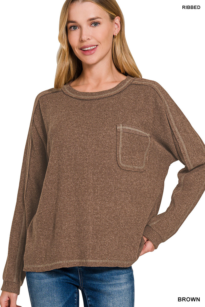 Zenana Top Sweater Ribbed Hacci - Brown - PinkPro Beauty Supply