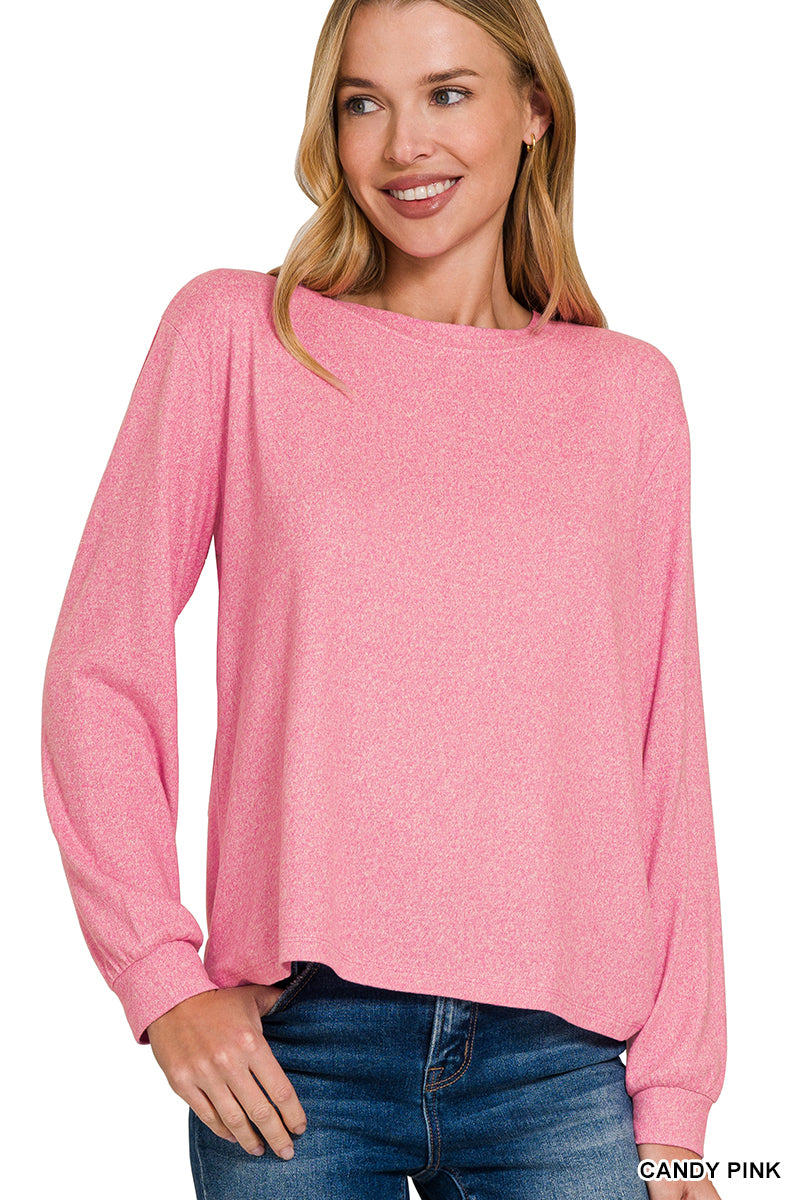 Zenana Long Sleeve Soft Mélange Hacci Top - Pink - PinkPro Beauty Supply