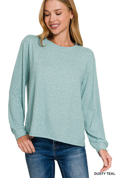 Zenana Long Sleeve Soft Mélange Hacci Top - Dusty Teal - PinkPro Beauty Supply
