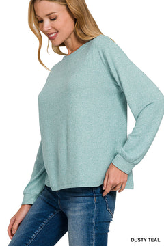 Zenana Long Sleeve Soft Mélange Hacci Top - Dusty Teal - PinkPro Beauty Supply