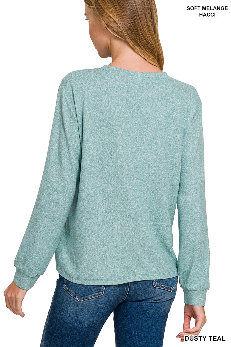 Zenana Long Sleeve Soft Mélange Hacci Top - Dusty Teal - PinkPro Beauty Supply