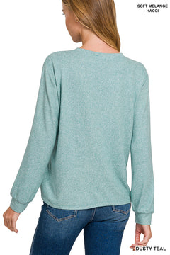 Zenana Long Sleeve Soft Mélange Hacci Top - Dusty Teal - PinkPro Beauty Supply