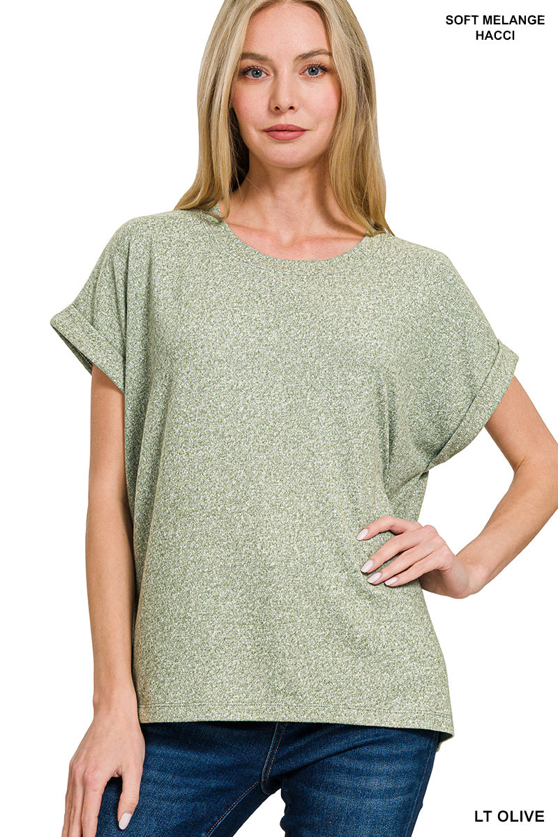 Zenana Soft Melange Hacci Short Sleeve Round Neck Top Light Olive