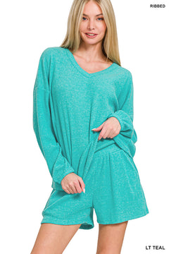 Zenana Apparel Set Ribbed Long Sleeve Top & Shorts - Teal - PinkPro Beauty Supply