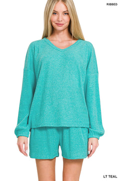 Zenana Apparel Set Ribbed Long Sleeve Top & Shorts - Teal - PinkPro Beauty Supply