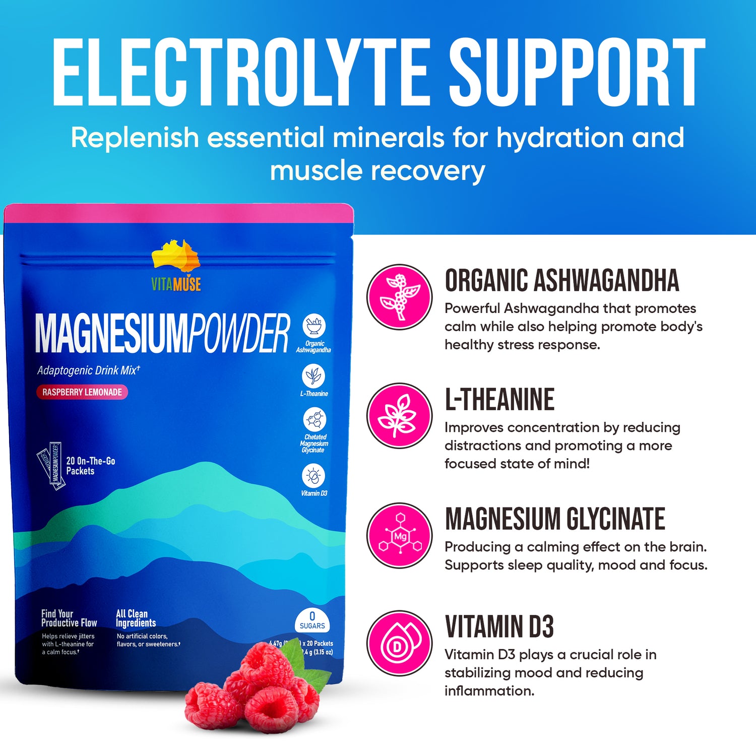 Magnesium Powdered Drink Mix Raspberry Lemonade (20 Pack)