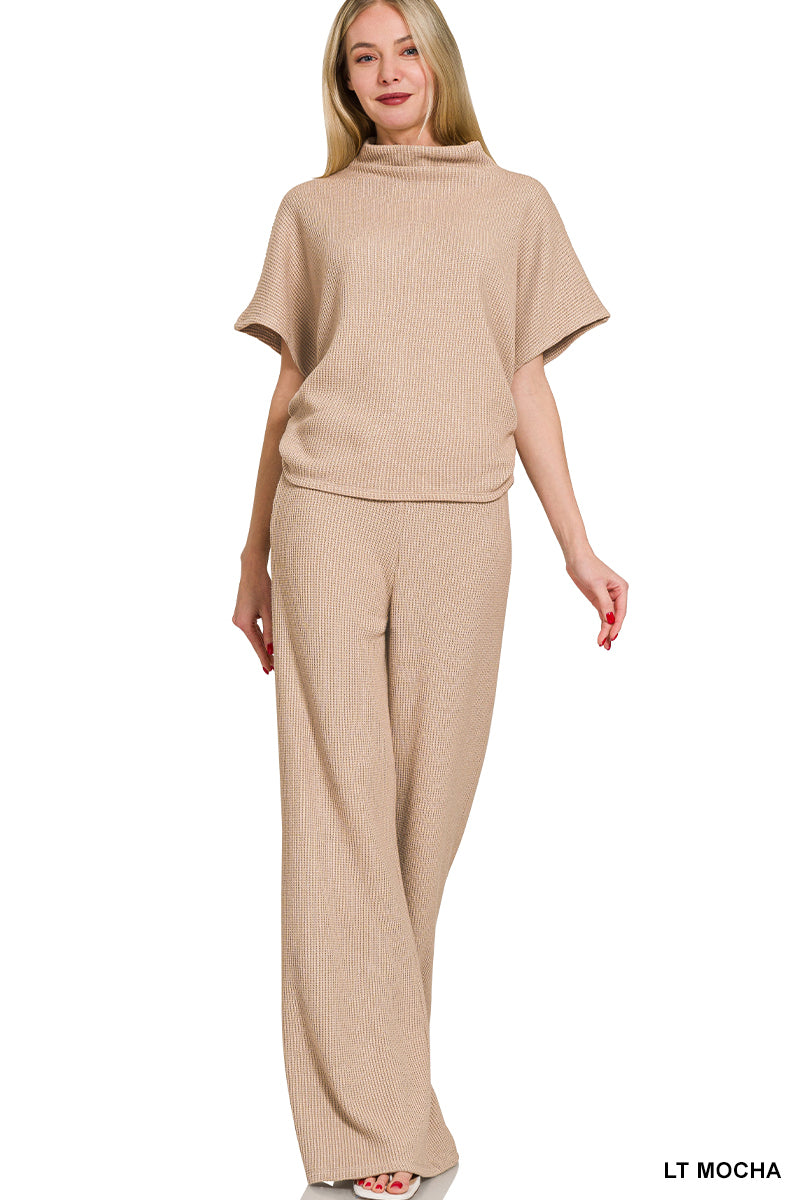 Zenana Sweater Mock Neck Short Sleeve Top/Pants Set Mocha