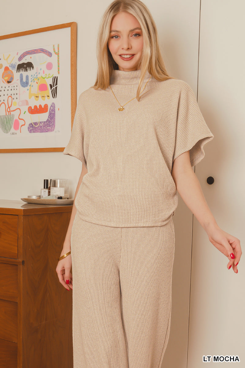 Zenana Sweater Mock Neck Short Sleeve Top/Pants Set Mocha