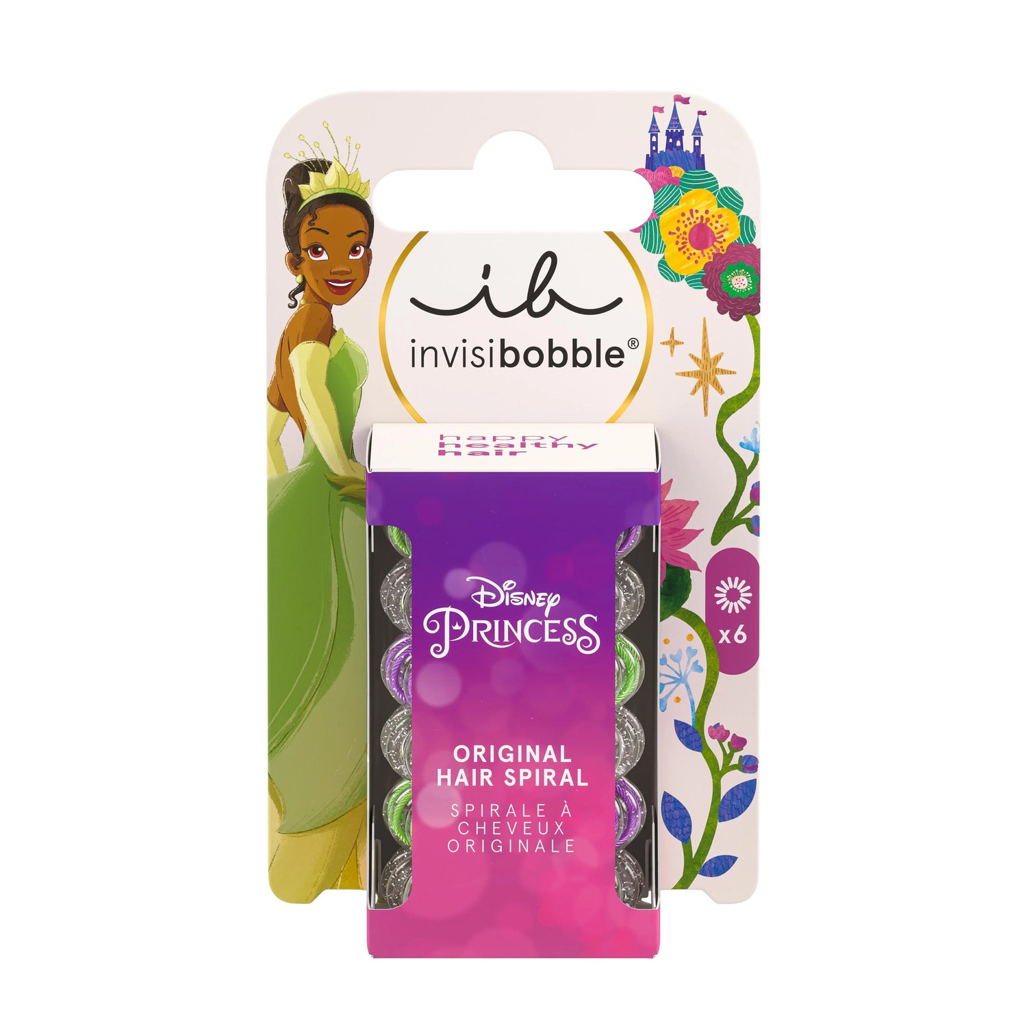  Disney Princess Tiana Invisibobble Kids Original – 6 glitter spirals for traceless, hair-loving style.