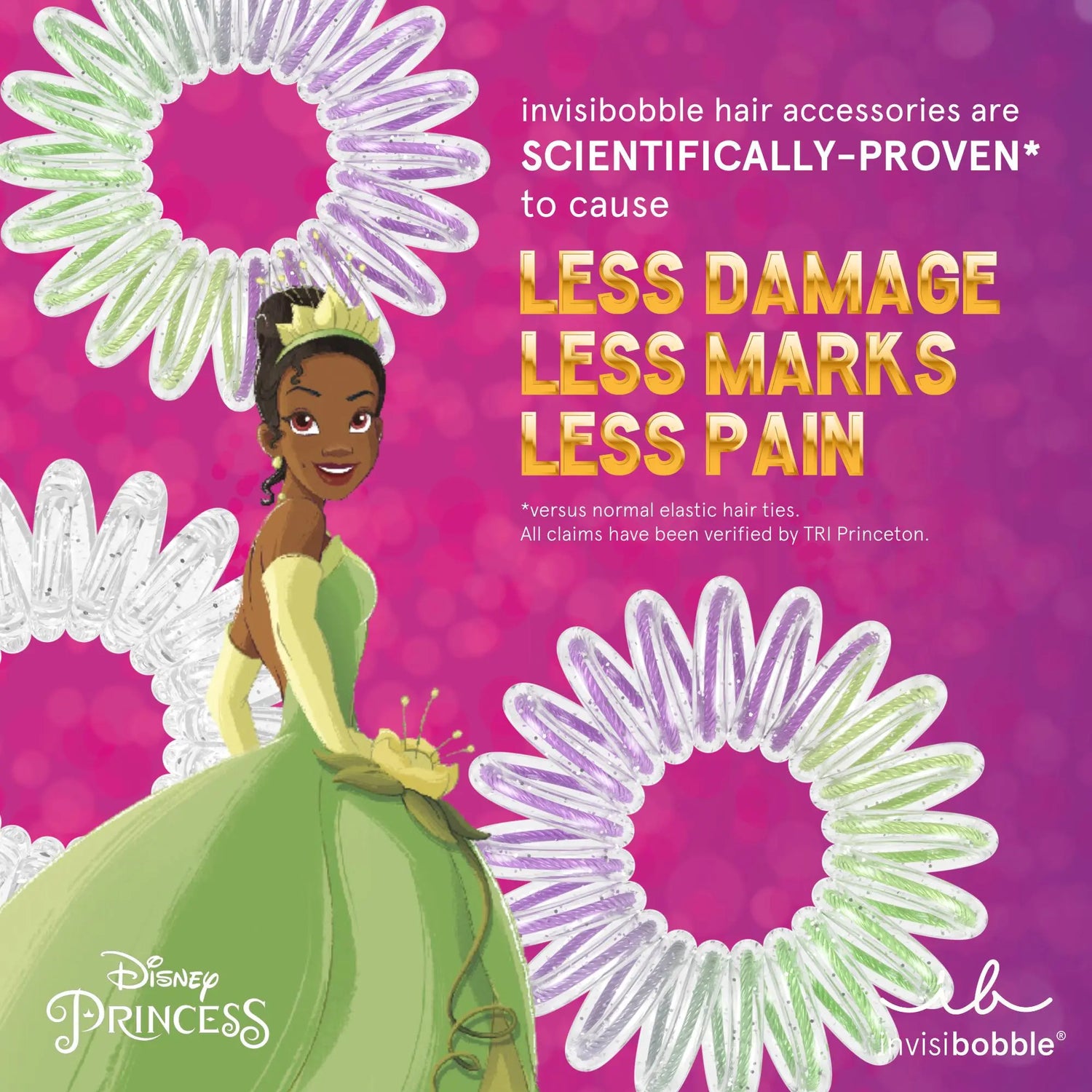  Disney Princess Tiana Invisibobble Kids Original – 6 glitter spirals for traceless, hair-loving style.