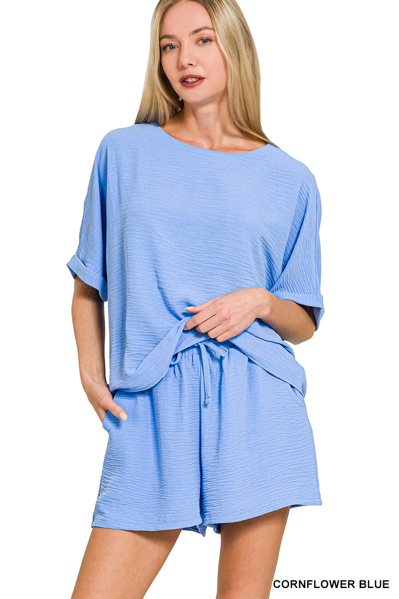 Zenana Apparel Set Woven Short Sleeve & Shorts Cornflower Blue