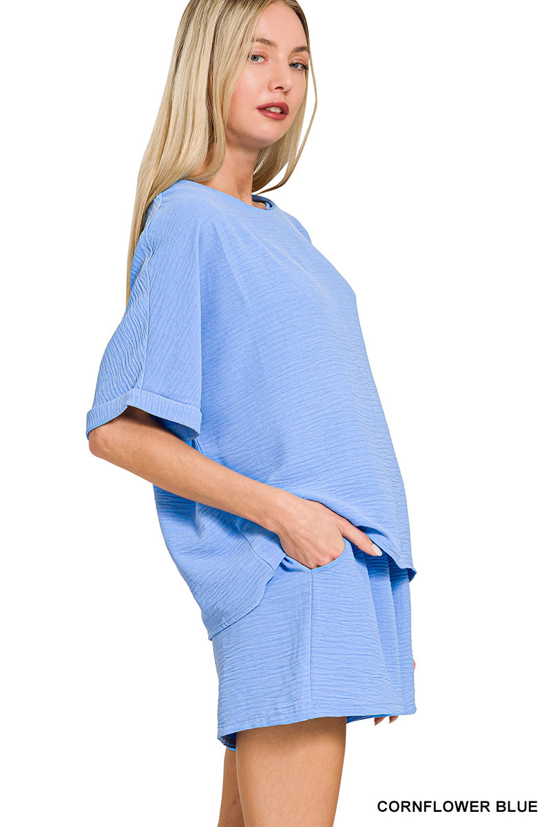 Zenana Apparel Set Woven Short Sleeve & Shorts Cornflower Blue