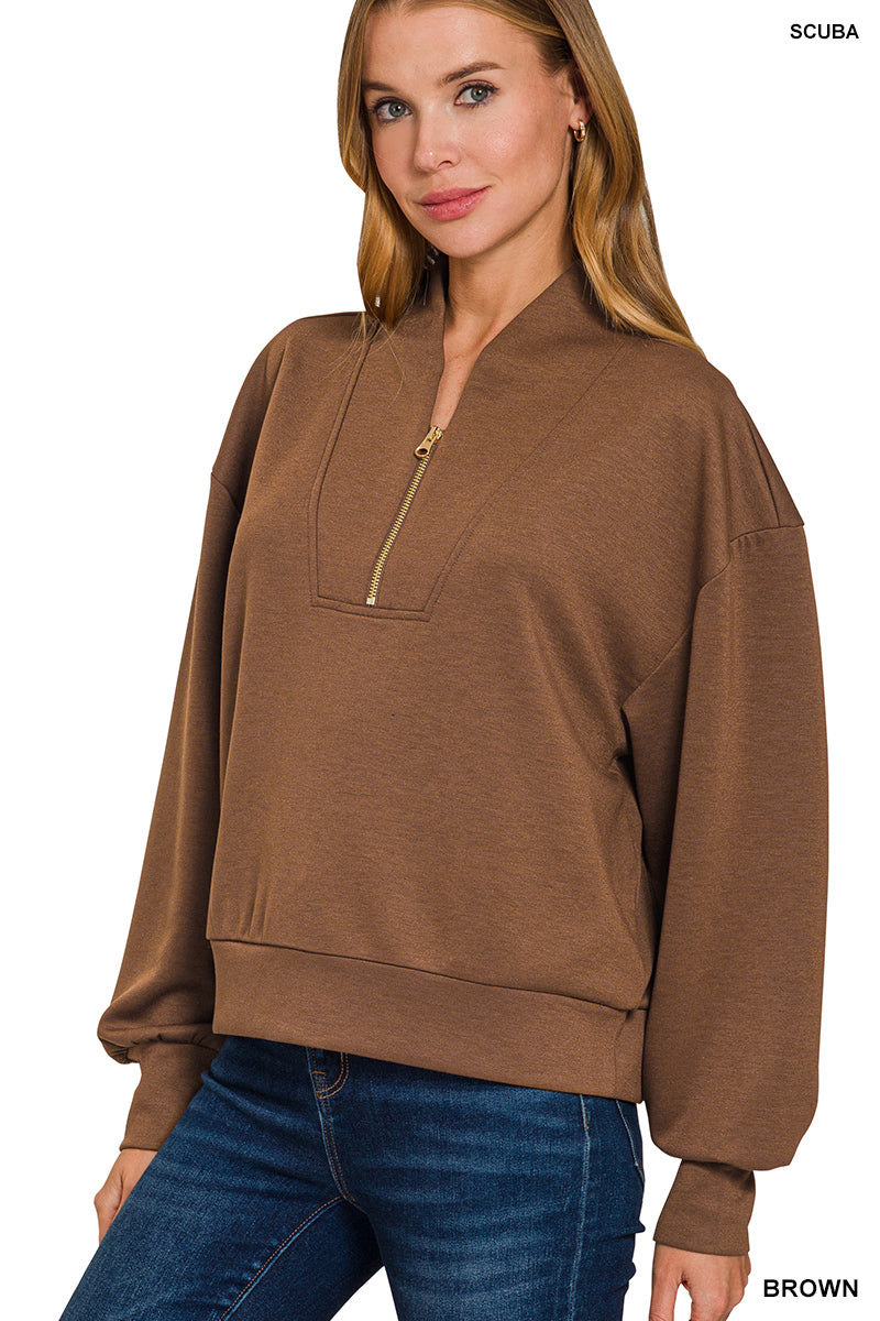 Zenana Scuba Half-Zip Pullover Chocolate Brown