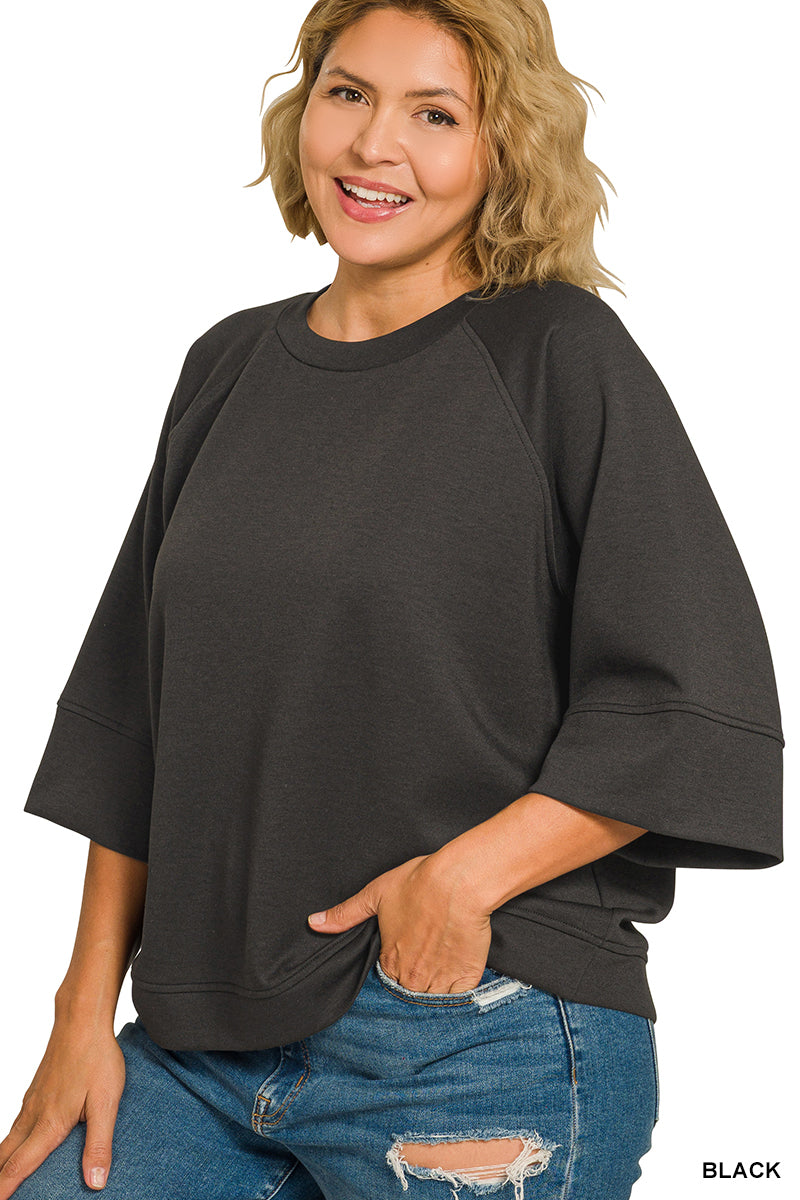 Zenana Plus Size Pullover 3/4 Sleeve Scuba - Black