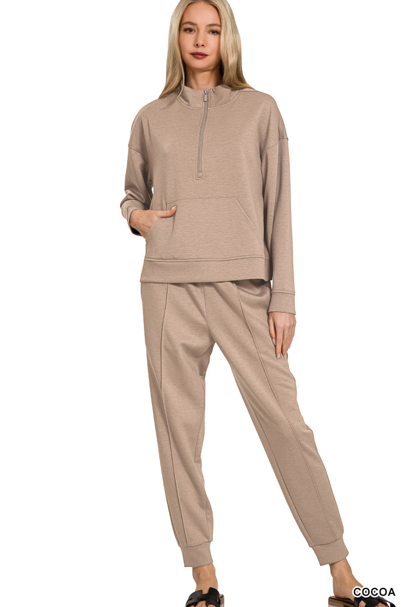 Zenana Half Zip Sweatshirt & Joggers Apparel Set Cocoa