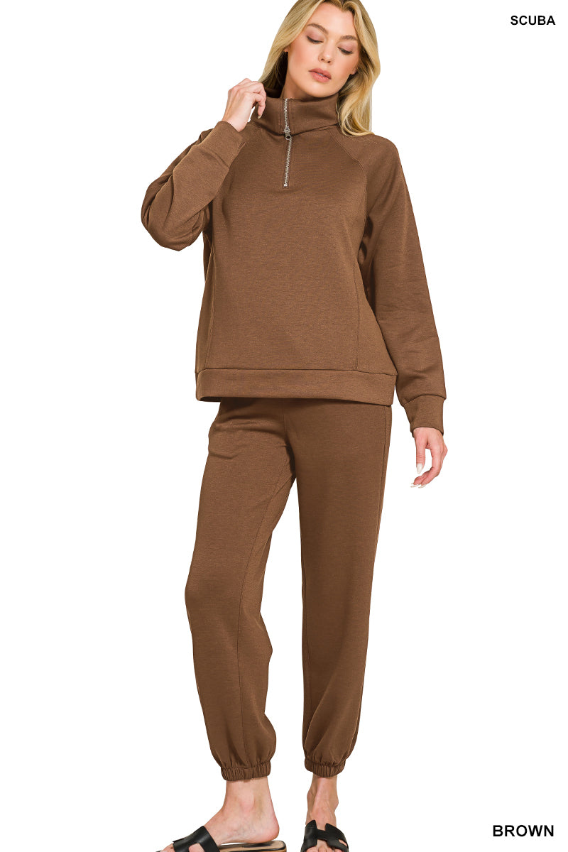 Zenana Scuba Half Zip Sweatshirt & Joggers Set Brown