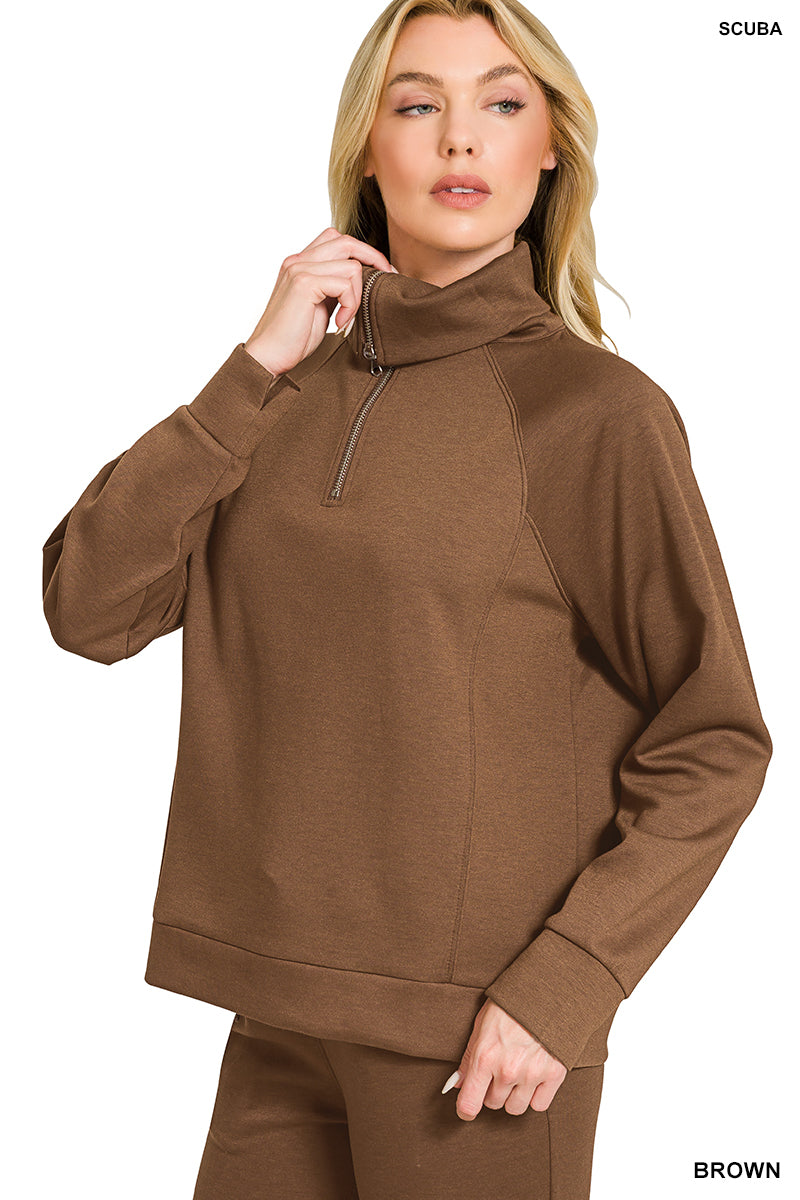 Zenana Scuba Half Zip Sweatshirt & Joggers Set Brown