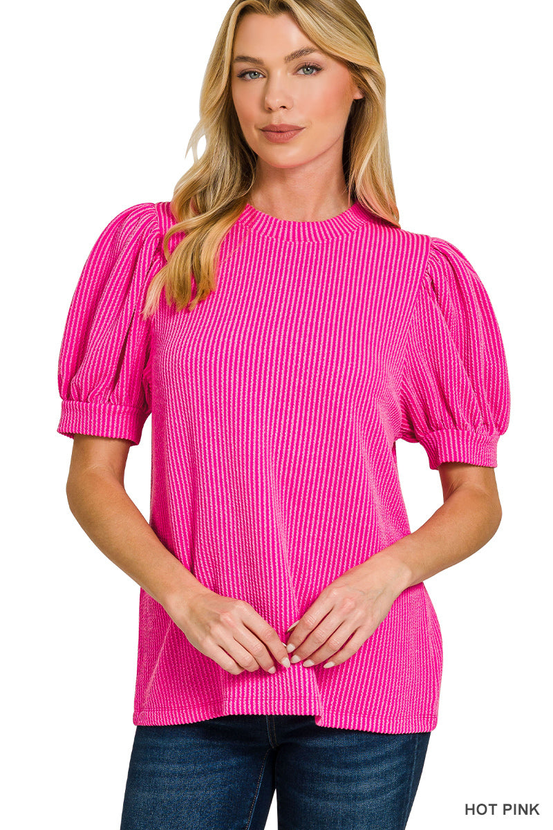 Zenana Top Raised Rib Puff Sleeve Hot Pink
