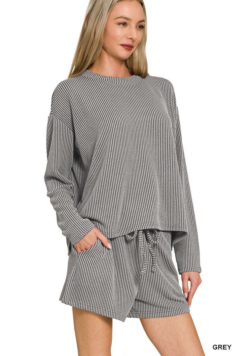 Zenana Raised Rib Long Sleeve Tee & Shorts Set- Grey