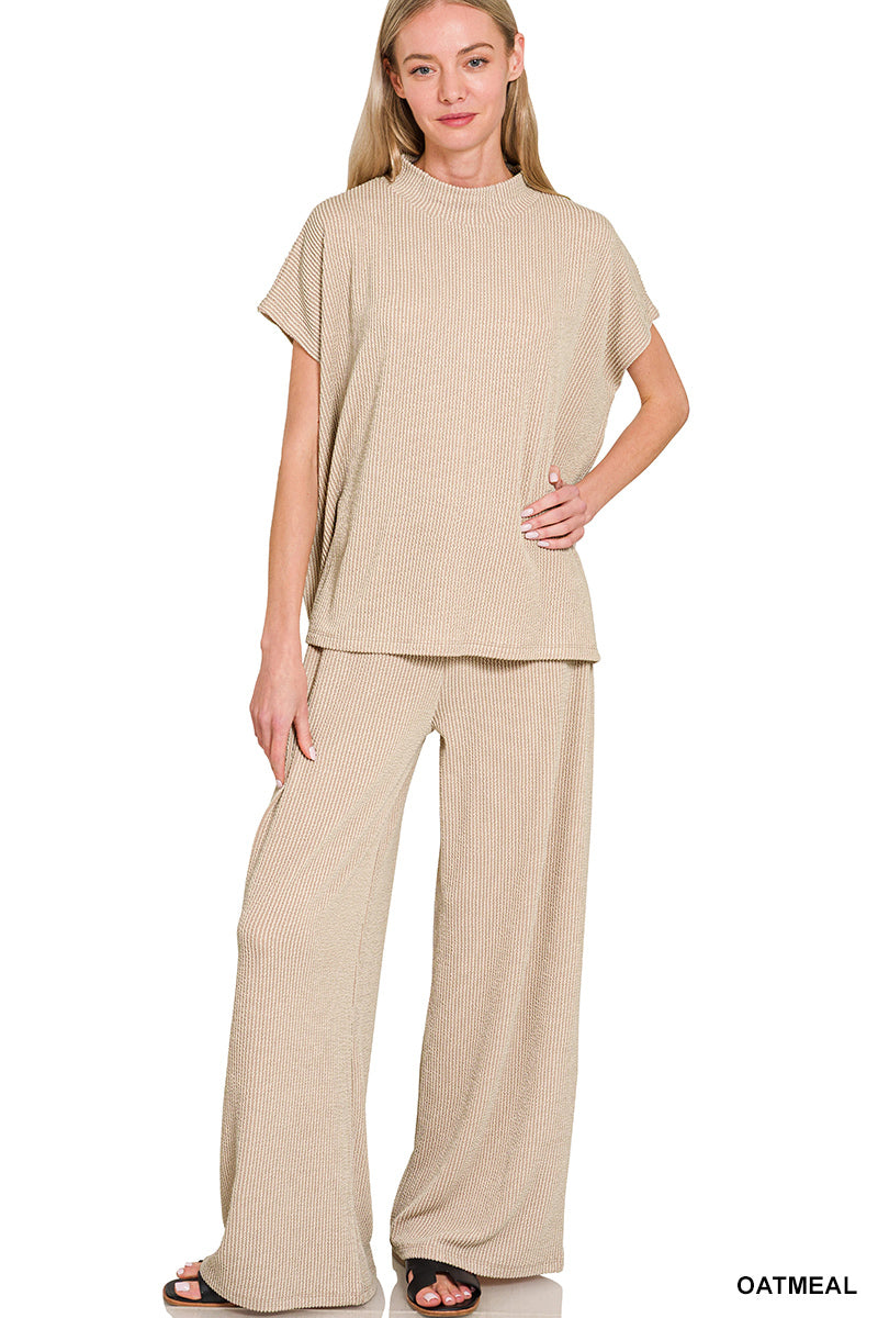 Zenana Raised Rib Mock-Neck Tee & Pants Set Oatmeal