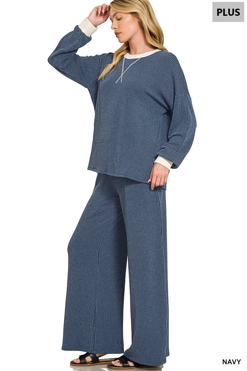Zenana Plus Size Raised Rib Round Neck V Stitch Apparel Set – Navy