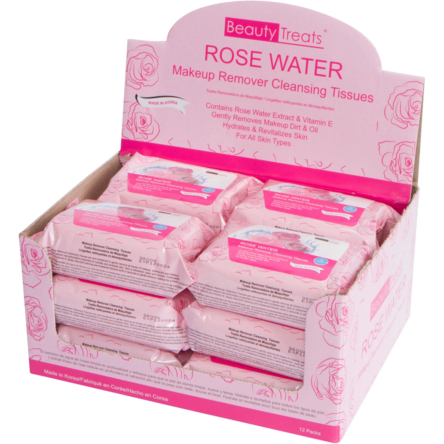 Rose Water Make-Up Remover Cloths 12 Piece Display PinkPro Beauty Supply