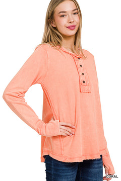 Zenana Acid Wash Top Long Sleeve - Coral - PinkPro Beauty Supply
