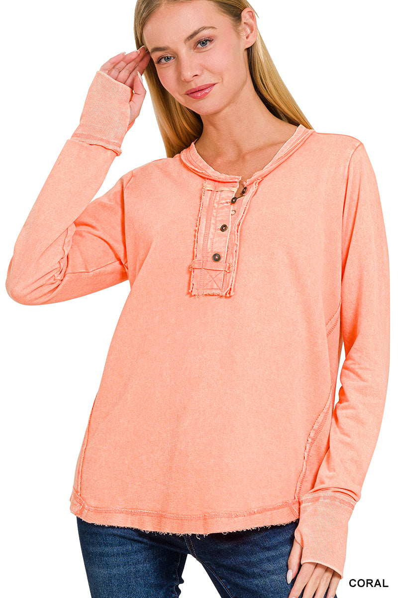 Zenana Acid Wash Top Long Sleeve - Coral - PinkPro Beauty Supply