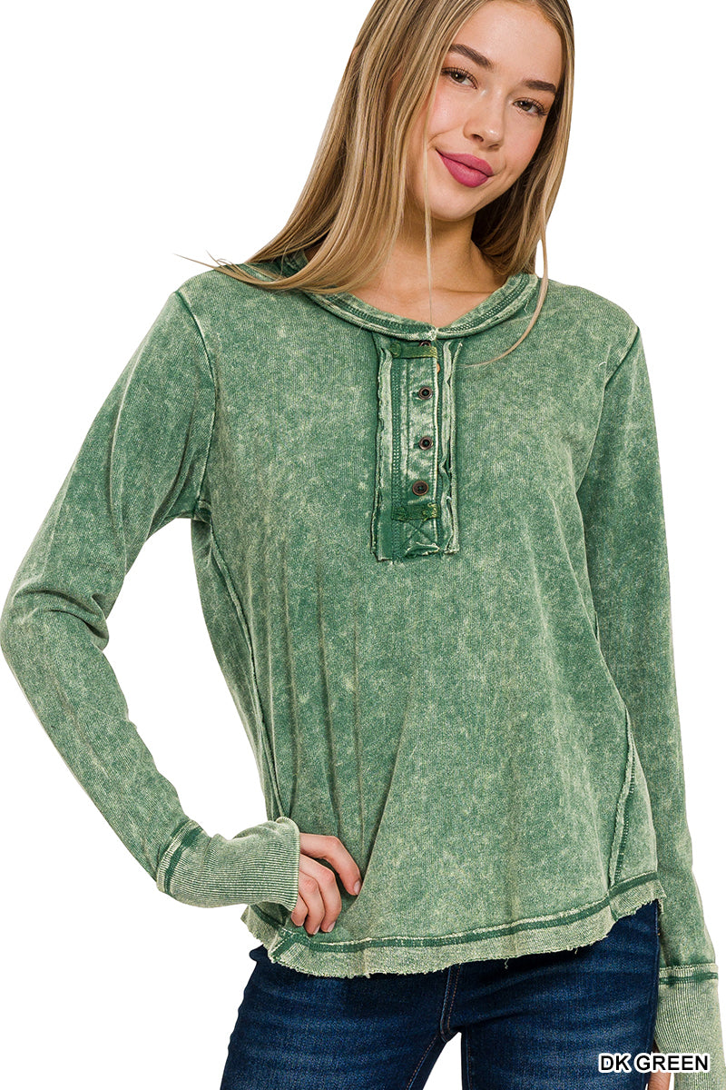 Zenana Acid Wash Top Long Sleeve - Dark Green - PinkPro Beauty Supply