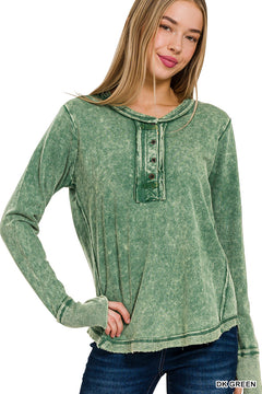 Zenana Acid Wash Top Long Sleeve - Dark Green - PinkPro Beauty Supply