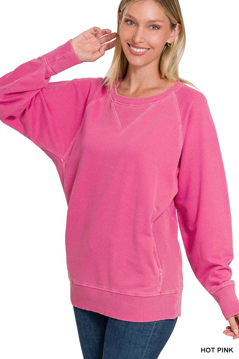 Zenana French Terry Pullover with Pockets- Pink