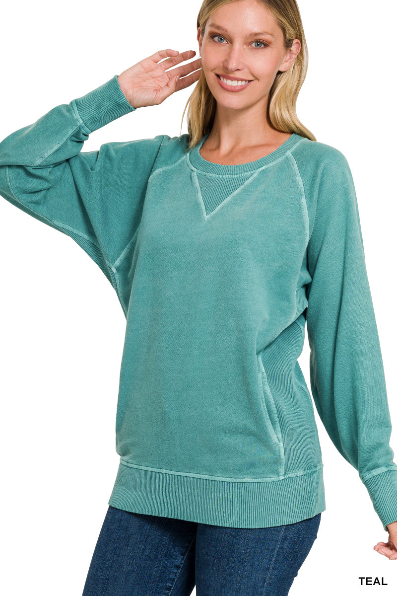 Zenana French Terry Pullover with Pockets- Teal
