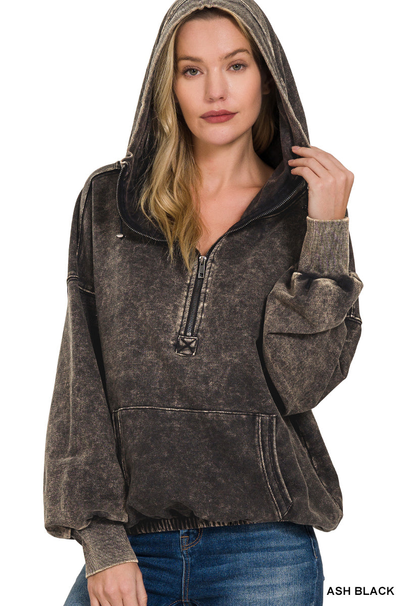 Zenana French Terry Kangaroo Pocket Hoodie- Ash Black - PinkPro