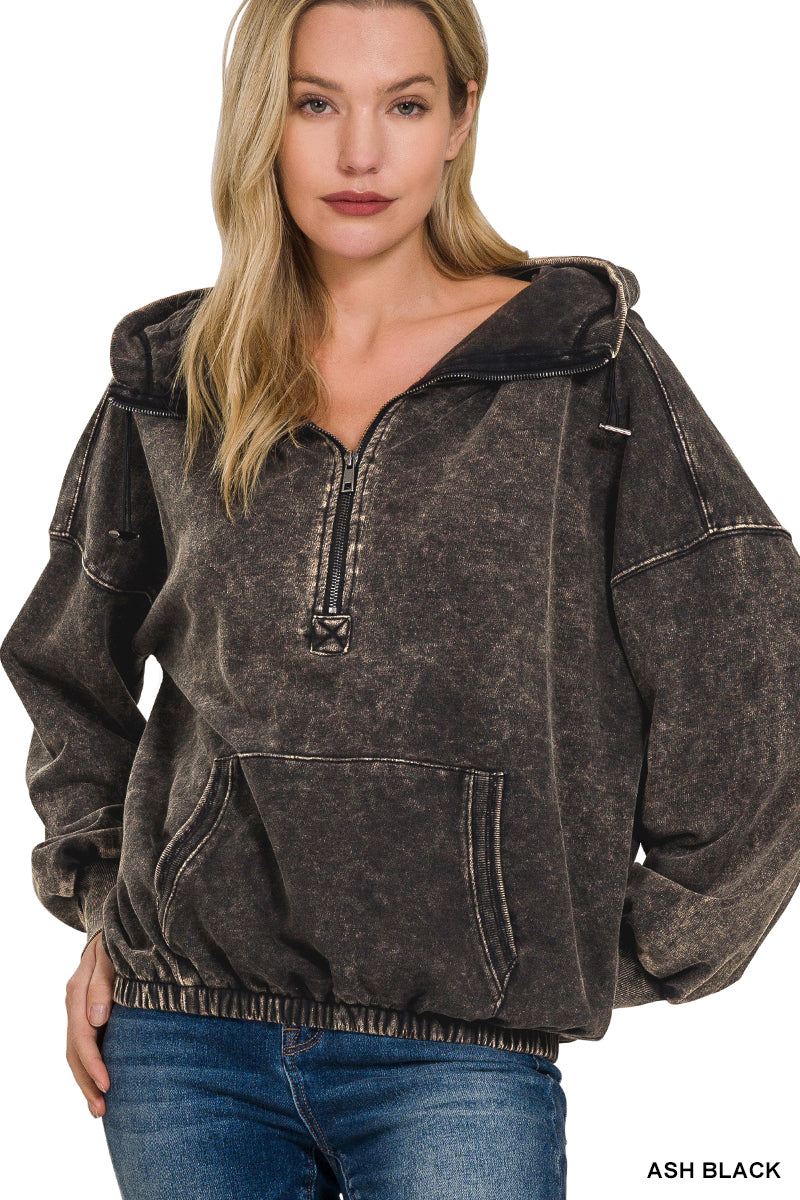 Zenana French Terry Kangaroo Pocket Hoodie- Ash Black