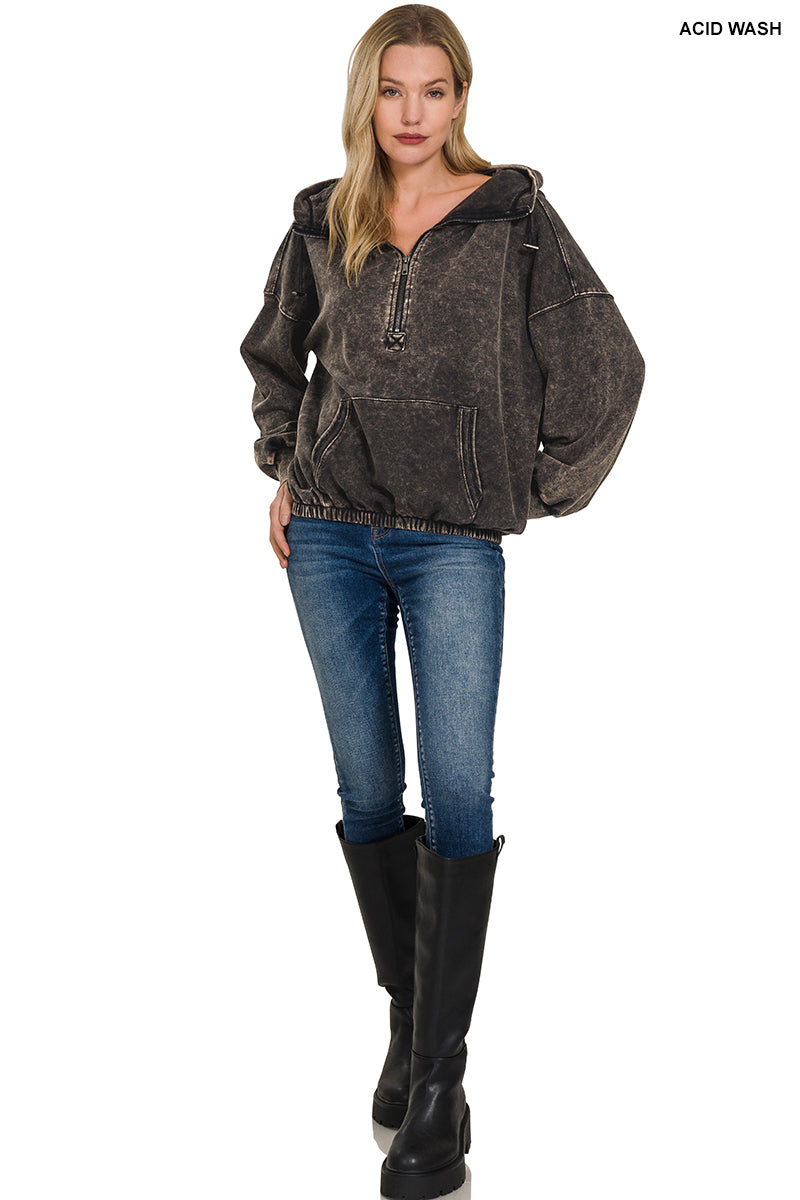 Zenana French Terry Kangaroo Pocket Hoodie- Ash Black - PinkPro