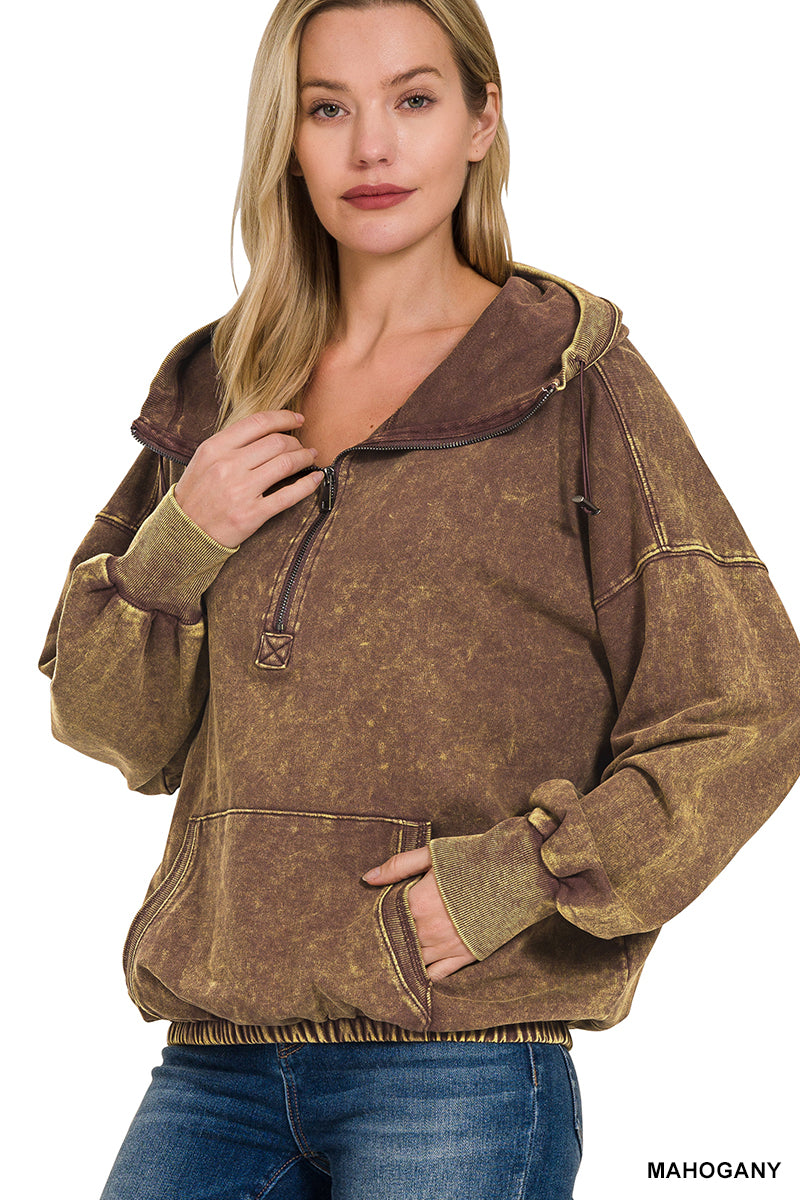 Zenana French Terry Kangaroo Pocket Hoodie- Mahogany