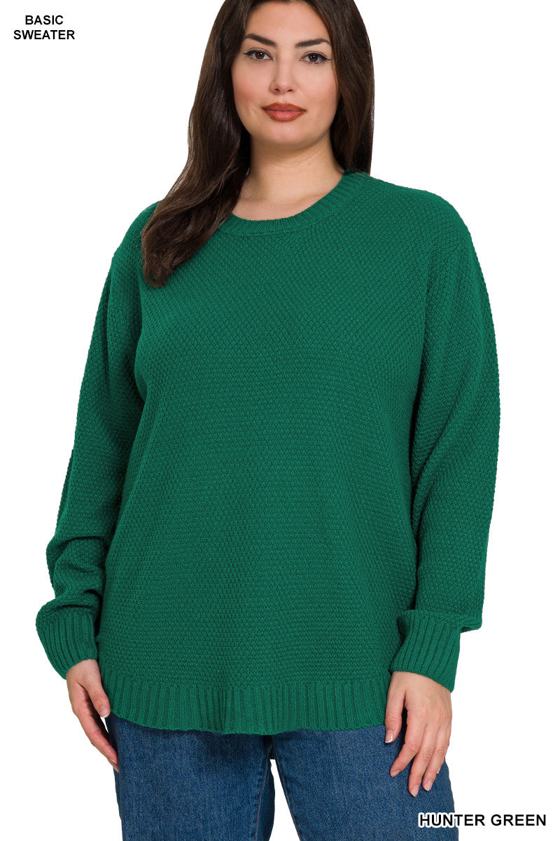Zenana Plus Size Sweater Basic Round Neck - Army Green