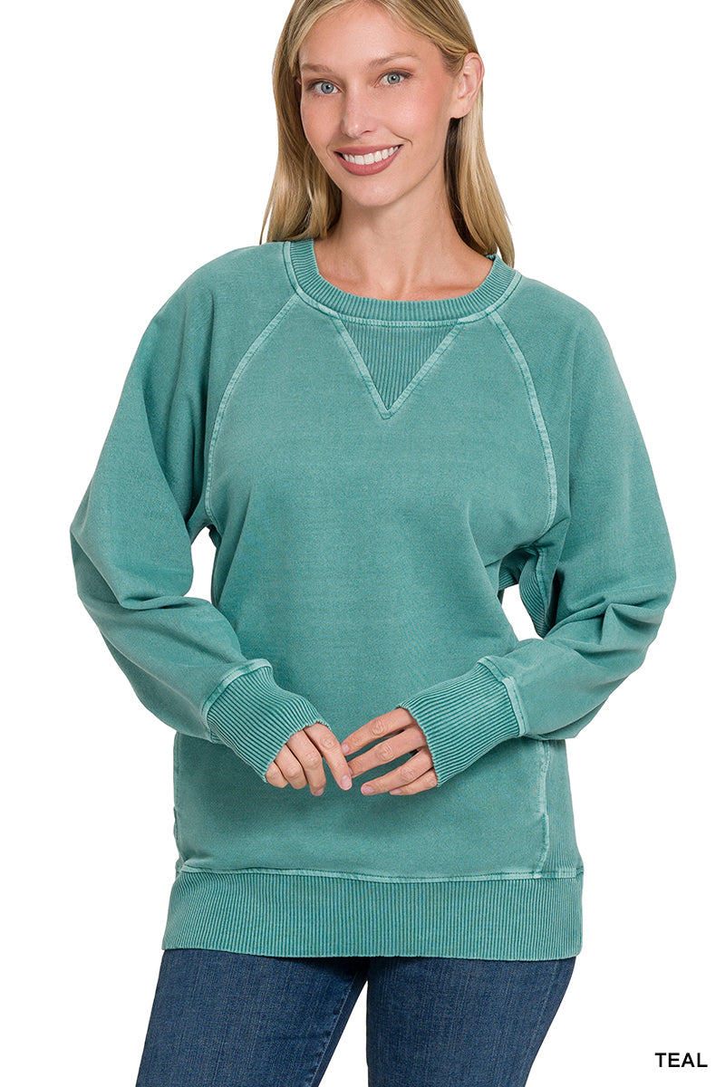 Zenana French Terry Pullover with Pockets- Teal