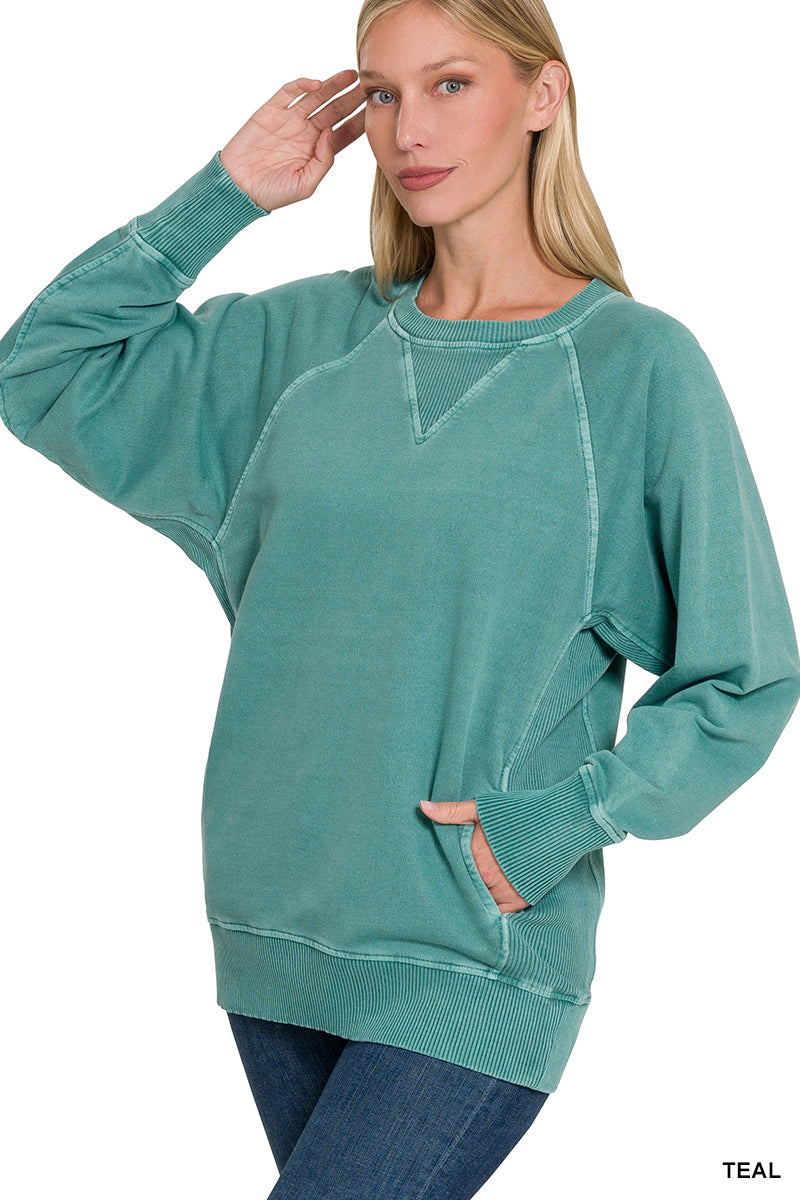 Zenana French Terry Pullover with Pockets- Teal