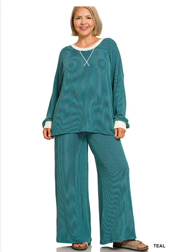 Zenana Plus Size Raised Rib Round Neck V Stitch Apparel Set – Teal