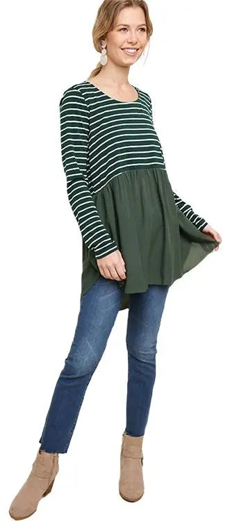 Umgee Babydoll Forest Green Stripe Top Umgee