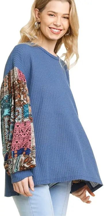 Umgee Blue Paisley Waffle Knit Top Umgee